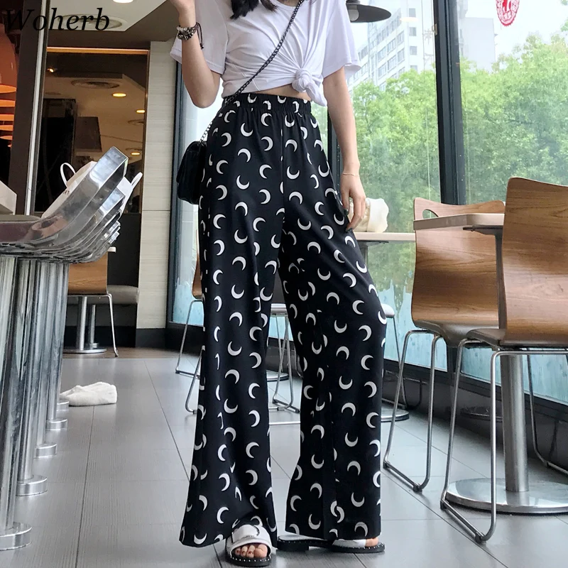 

Woherb 2019 Summer Chiffon Trousers Women High Waist Wide Leg Pants Crescent Moon Print Korean Casual Streetwear Pant 22181