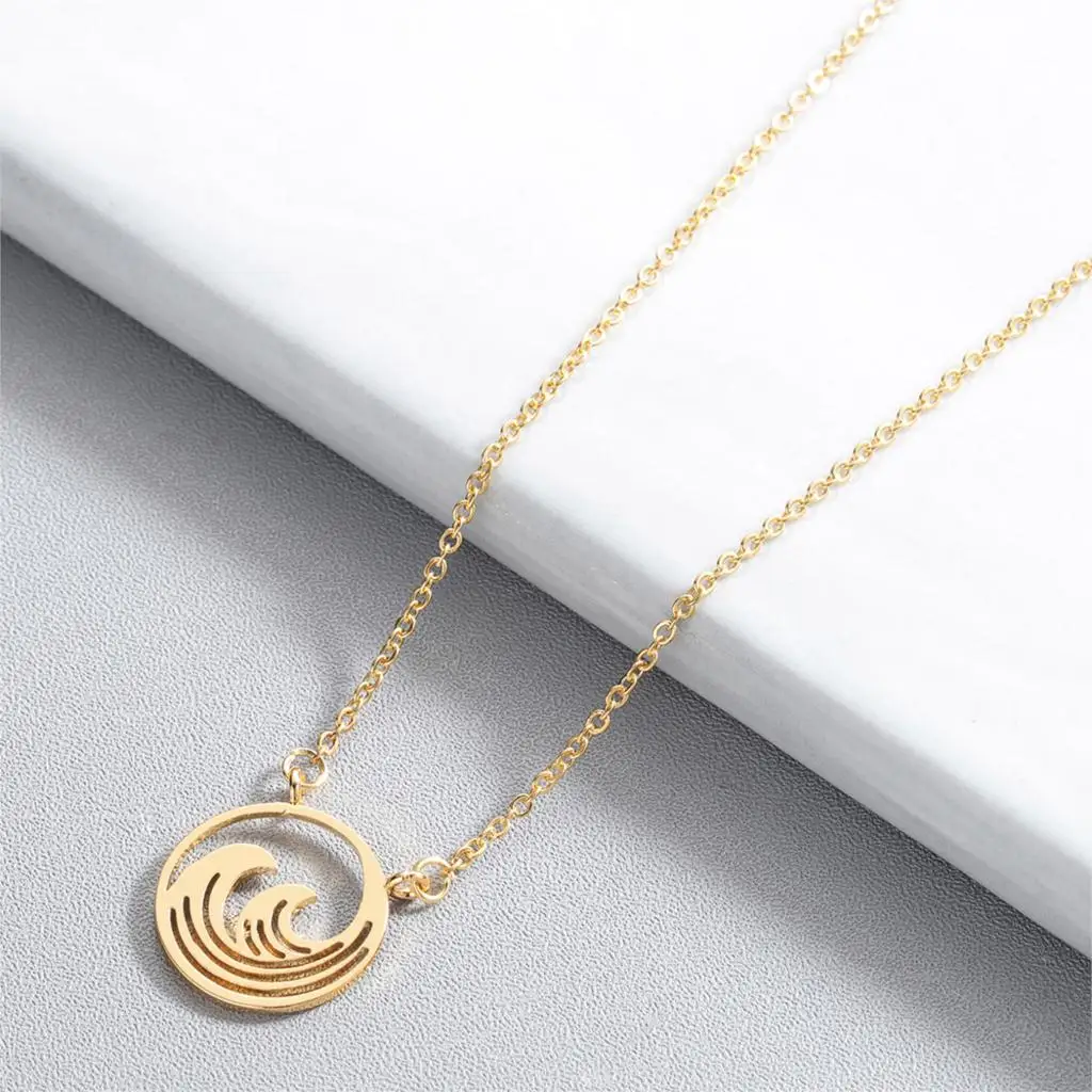 Silver Ocean Wave Necklace Female Women Minimalist Jewelry Accessories Surf Vintage Necklaces Pendents Birthday Gift