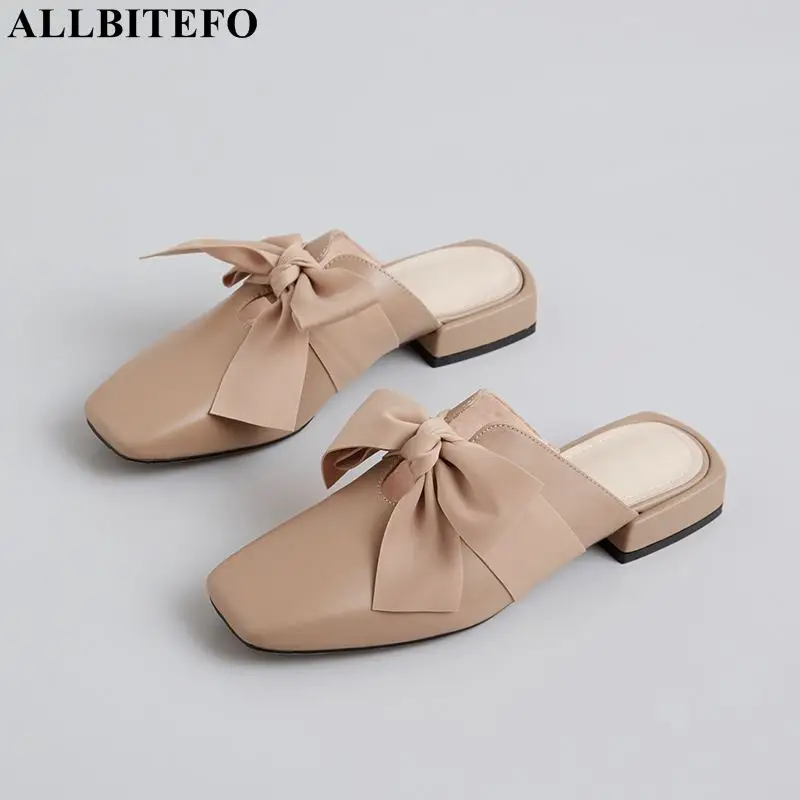 

ALLBITEFO high quality full genuine leather low-heeled comfortable wedding women shoes fashion bowtie women heels girls shoes