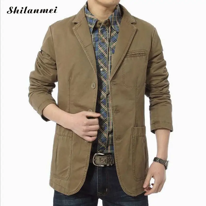 Blazer Men Cotton Casual Blazers Men's Slim Fit Jackets Army Green Khaki Plus Size 4XL 3XL