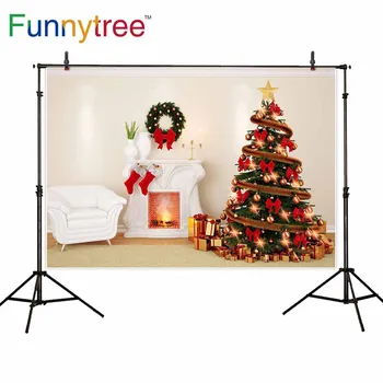 

Funnytree christmas background photography white indoor tree gift fireplace decorations for home backdrops photophone wallpaper