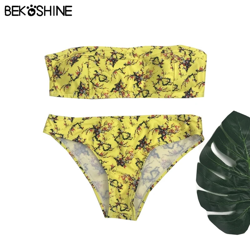 BEKOSHINE Yellow Bikini Set Print Swimwear Pad Push Up Swimsuit Low Waist Bathing Suit 2018 New Sexy Biquini Beach Wear |