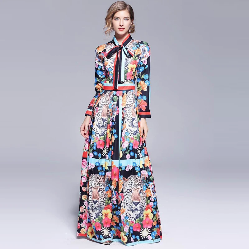 

2018 Runway Maxi Dress Women's Long Sleeve Stand Collar Bow Tie Hit Color Patchwork Animal Tiger Floral Print Vintage Long Dress