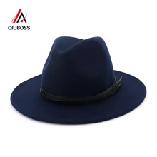 QIUBOSS, модная ручная работа, кожаная декоративная лента, шерсть, фетр, джазовая фетровая шляпа, унисекс, для мужчин и женщин, с плоскими полями, Трилби, Панама, шляпа игрока, Кепка