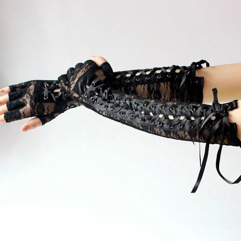 Женские сексуальные кружевные перчатки длиной до локтя с открытыми пальцами, черные ленты для танцев без пальцев в сетку, сетчатые варежки