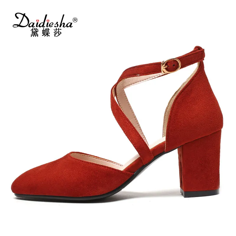 

Daidiesha Latest Designs Fancy Girl's High heels Cross-tied Footwear Chunky heel Shoes Black Beige Red Flock Women's high pumps