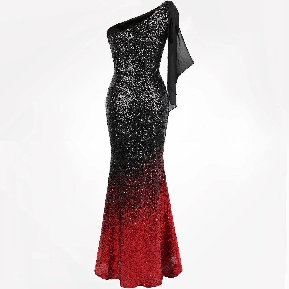 Женское платье на одно плечо Angel fashions черно красное с градиентными блестками и - Фото №1