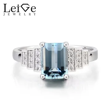 

Leige Jewelry March Birthstone Natural Blue Aquamarine Ring Wedding Ring Emerald Cut Gemstone 925 Sterling Silver Women Jewelry