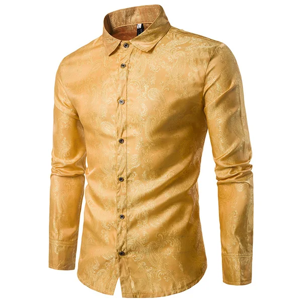 Мужская хипстерская шелковая атласная рубашка, мужские рубашки-смокинги с цветочным принтом пейсли, мужская приталенная рубашка с длинным рукавом для ночного клуба - Цвет: gold