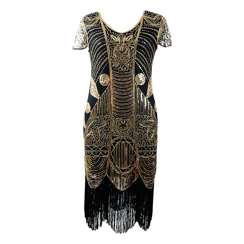

Vintage Women 1920s Inspired Flapper Gatsby Dress Art Deco Double V Neck Sleeveless Bodycon Embroidered Sequin Bead Fringe Dress