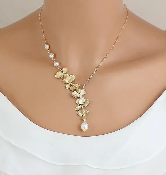 Gold Orchid Necklace Pearl Wedding Jewelry Bride Gold Orchid Necklace Pearl Wedding Jewelry Bride Bridesmaids Gift Unique Bridal In Chain Necklaces From