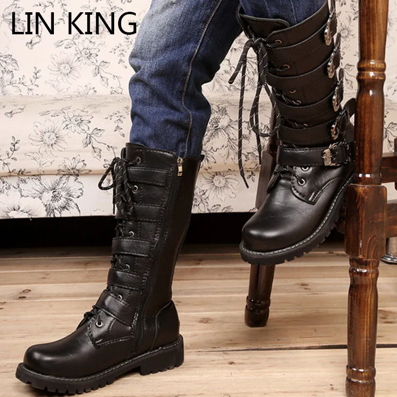 LIN KING Men's Outdoor Plus Size Round Toe Long Boots Black Lace Up Motorcycle Boots Comfortable Men Puncture Proof Safety Shoes LIN KING Men's Outdoor Plus Size Round Toe Long Boots Black Lace Up Motorcycle Boots Comfortable Men Puncture Proof Safety Shoes