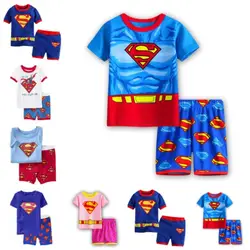 Super Heroes Супермен Детский пижамный комплект хлопок Лето Супермен короткая футболка + Брюки для девочек пижамы для мальчиков и девочек