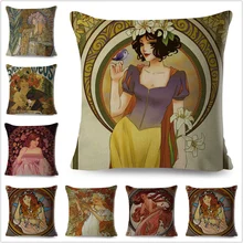 Vintage europeo Art Nouveau Mucha galería cojín protectores de decoración hermosa niña estampado de lino funda de almohada para funda de cojín para sofá