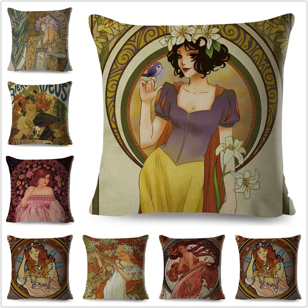 VintageMuchaStyleCushionCoverDecorArtNouveauBeautifulGirl
