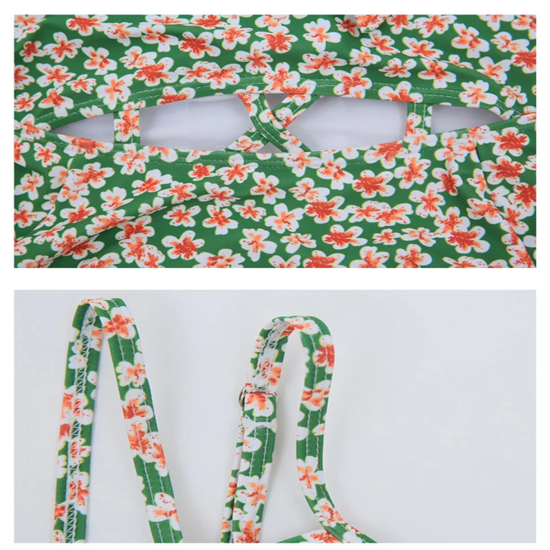 3Summer Beach One Piece Suit Swimwear Floral Print Swimming Sport Green Women Bathing Suit Hollow Out Bandage Sexy Swimsuit