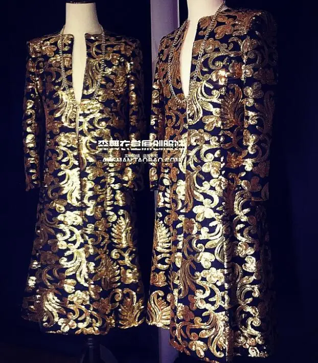

Hot Nightclub Bar New Male Singer Windbreaker DJ Moderator High-end Gold Totem Embroidery Long jackets Umbrella Men Coat Costume