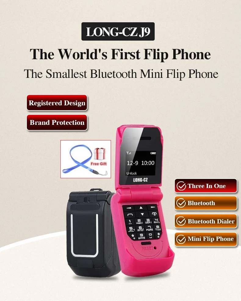 

LONG-CZ J9 Mini Bluetooth Flip 2G Phone Multi-language Voice Change Bluetooth Dialer Earphone 300mAh 0.66 Inch Kids Mini Phone
