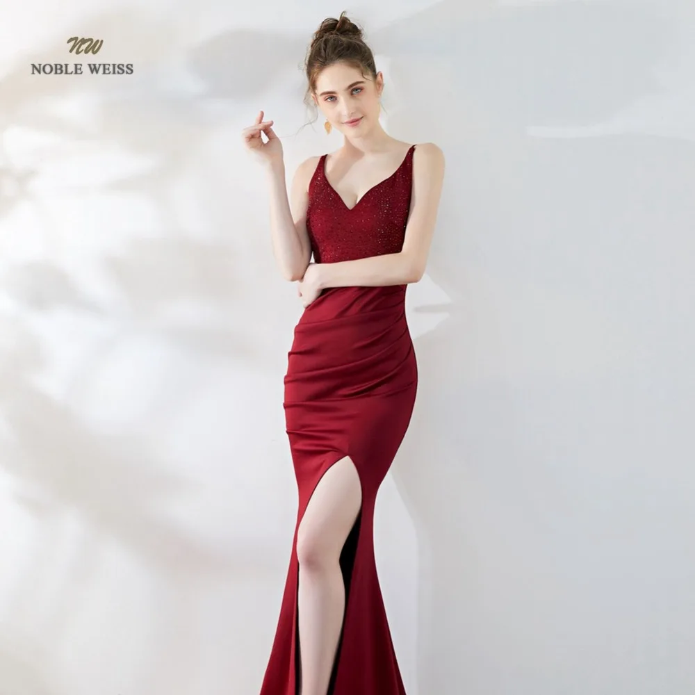 Sexy Prom Dress Satin Bare Back Split Simple Long Crystal V-neck Mermaid Party/Prom Dresses