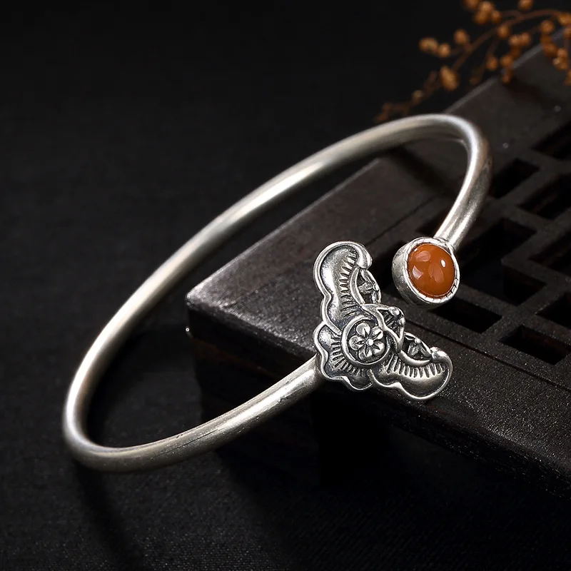 

S925 Sterling Silver Antique Matte Inlaid South Hongfu In Front Of Ladies Open High Grade Silver Bracelet Wholesale