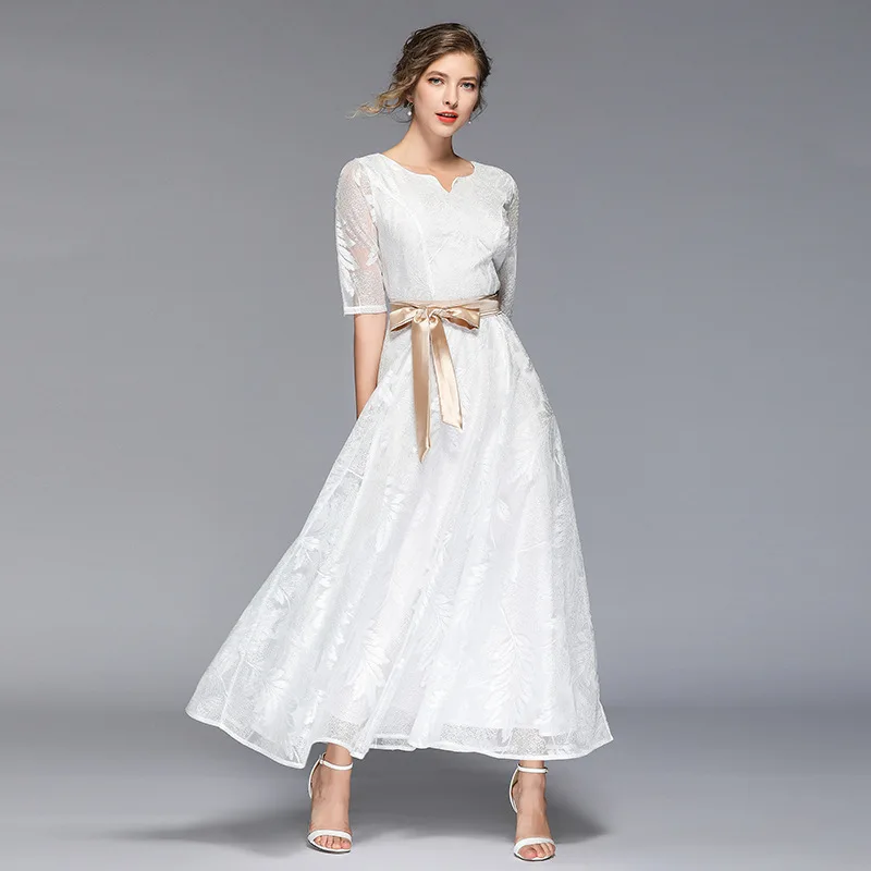 

Europe and United States Spring Summer New Slim V-neck Belt Long Dress Female Lace Princess Dress Women's Clothing