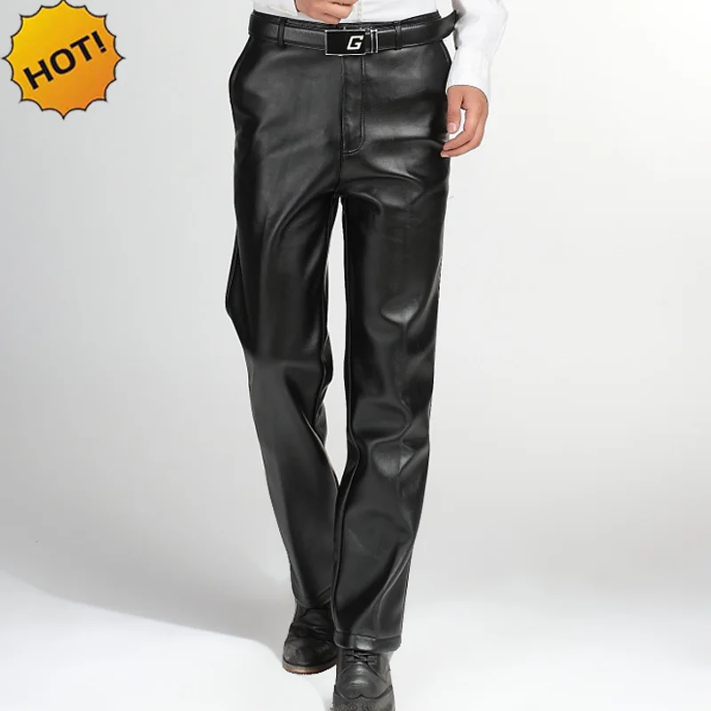 

Winter 2016 Outdoor Thicken Casual Business Black Straight Slim Fit PU Leather add wool Middle-aged Men Warm Plus Size 29-45