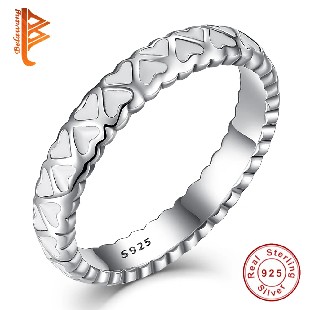 

BELAWANG Romantic Luxury Unique Design 925 Sterling Silver Ring Pave Enamel Love Heart Finger Ring Jewelry For Women Bijoux Gift