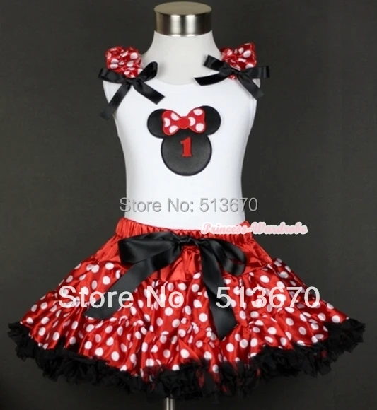 

White Tank Top with 1st Birthday Numer Minnie Print with Minnie Dots Ruffles & Black Bow & Minnie Polka Dots Pettiskirt MAMG418