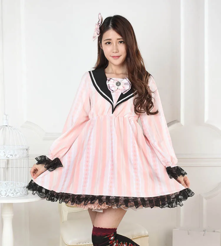 

Pink sailor collar lolita striped lace print one-piece dress full sleeve cute bow tie Loyal princess cos women autumn dresses