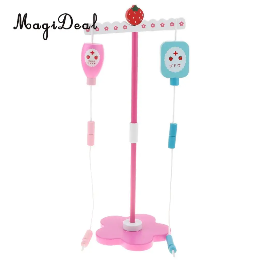 Wooden Strawberry Hospital Drip Stand Medical Kits Kids Pretend Role Play Activity Toy Educational