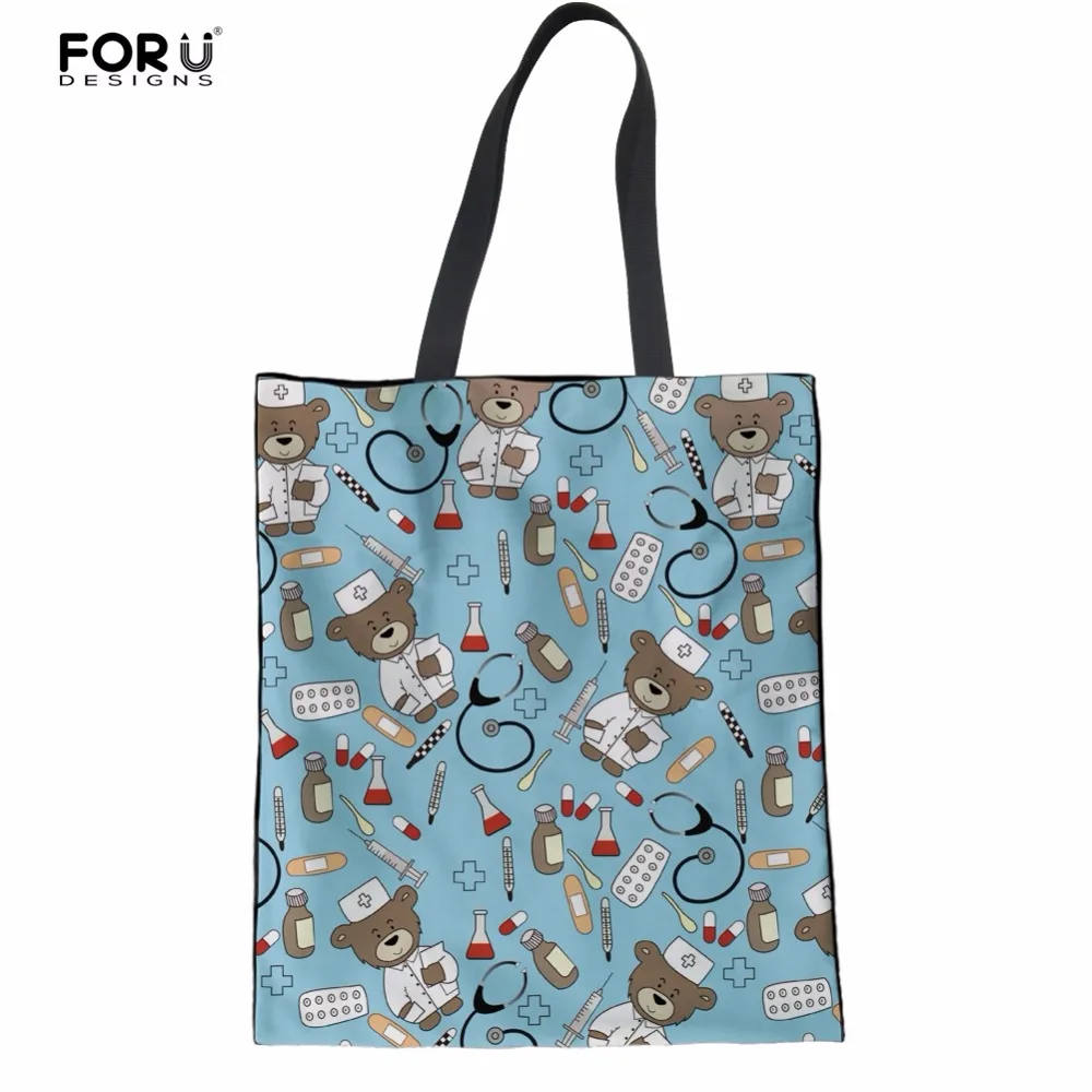 FORUDESIGNS Women Tote Bags Blue Cute Nurse Bear Print Women Handbag