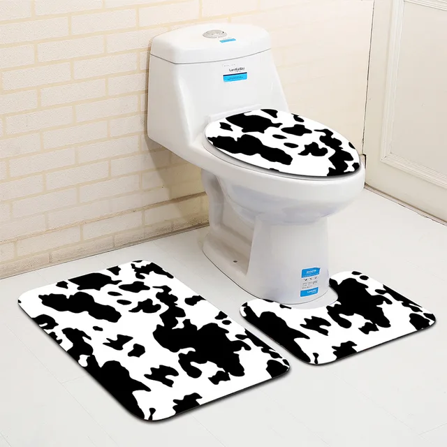 Cow Pattern and Zebra Striae Bathroom Toilet Mats Set Water-Absorbing Flannel Bath Mat Non-Slip Floor Rug