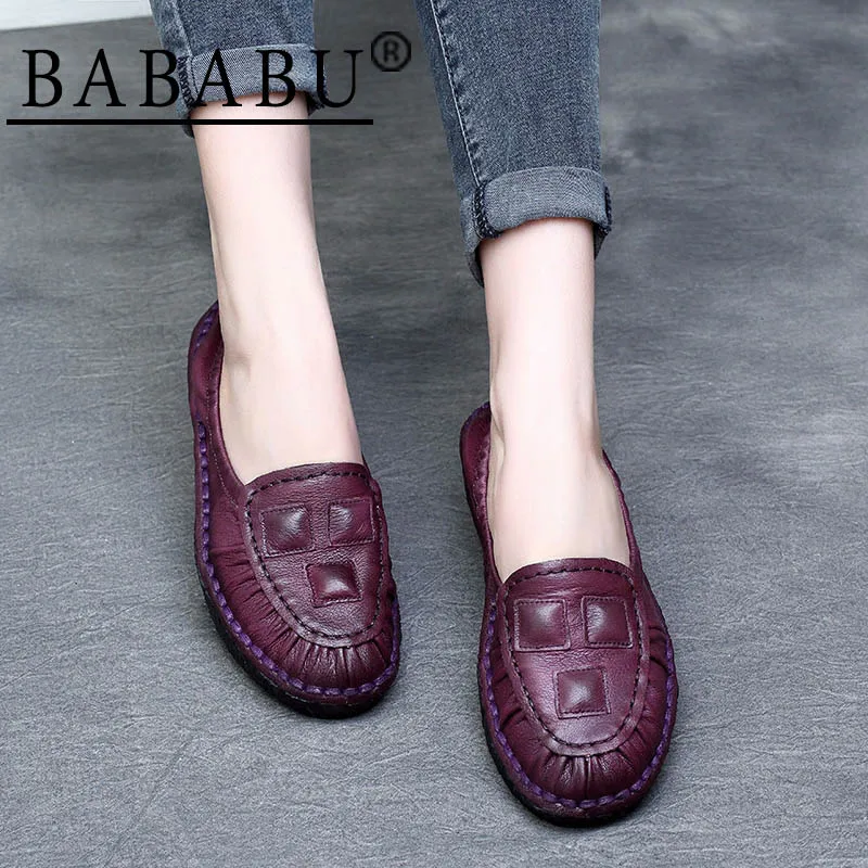 

BABABU Brand Shallow Women's Flats Genuine Leather Women's Loafers Shoes Slip-on Casual Women Shoes Comfortable Mom Flats Shoes