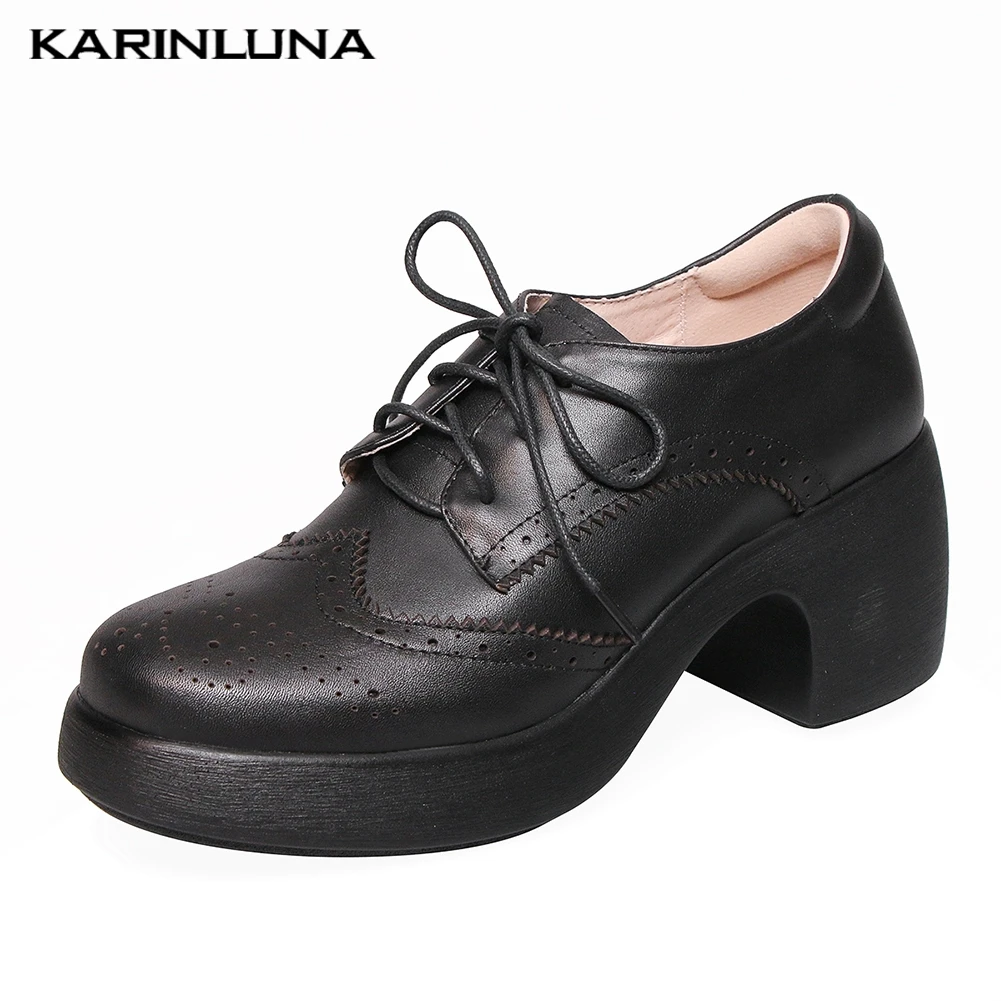 

Genuine Cow Leather Lace Up Chunky Heels Shoes women's Retro Brogue Shoes Women Lace Up Platform Casual Pumps women's Shoes