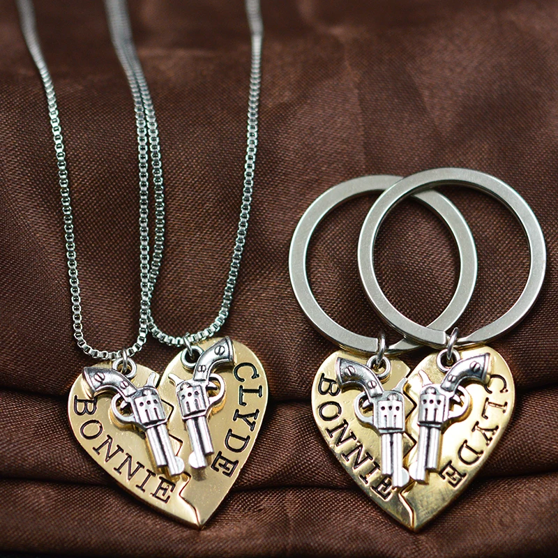 

2pcs BONNIE CLYDE Pendant Necklaces keychain Guns Heart Friendship Adventure Freedom Best Friends Forever Girl Keepsake Gift