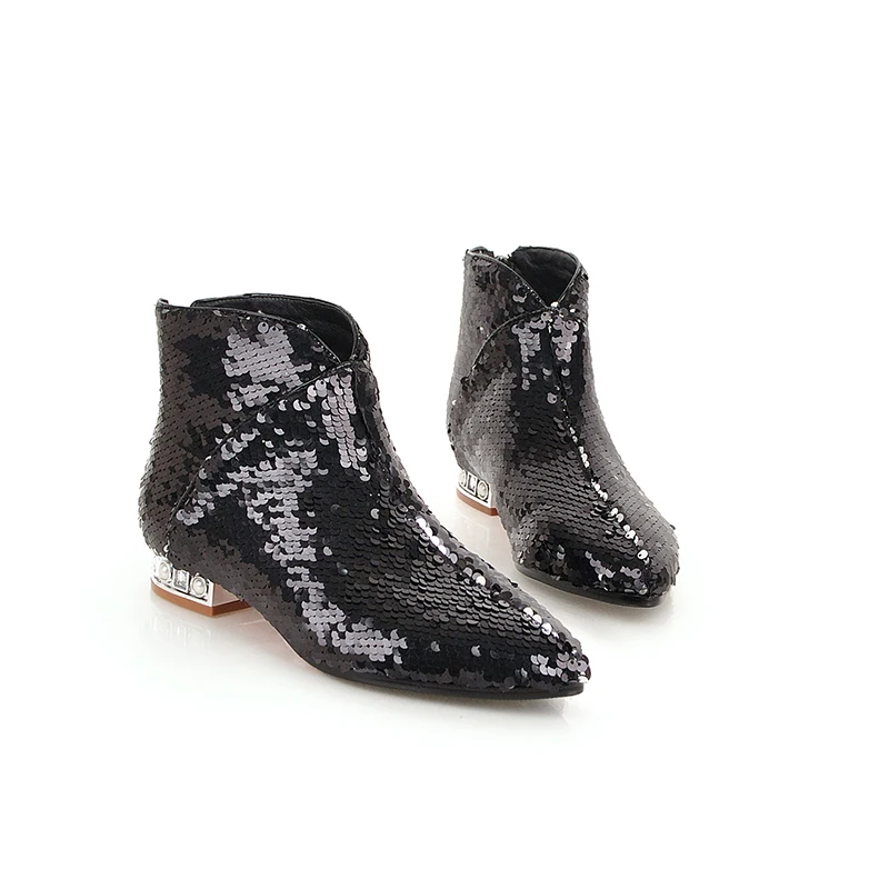 WETKISS/зимние женские ботильоны; шикарная короткая плюшевая обувь с острым носком и кристаллами; женские ботинки; обувь на низком каблуке с блестками; женская обувь;