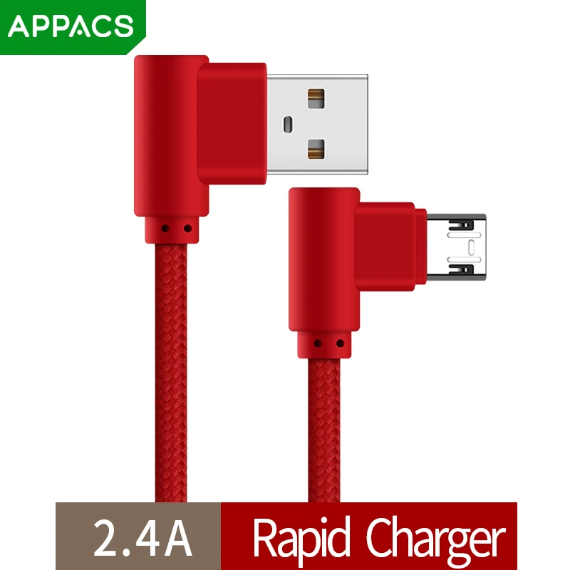 APPACS Кабель Micro-USB 5V 2.1A сплава ТПЭ 90 градусов USB кабель для samsung/Xiaomi/Meizu/huawei/htc Android 2.1A, 1 м, 2 м, быстрая зарядка