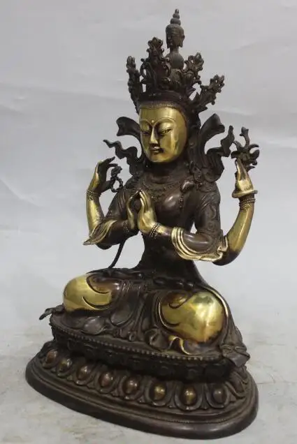 

S02521 14"Purple Bronze 24K Gold 4 Hands arms Chenrezig Buddha Avalokiteshvara Statue (B0328)