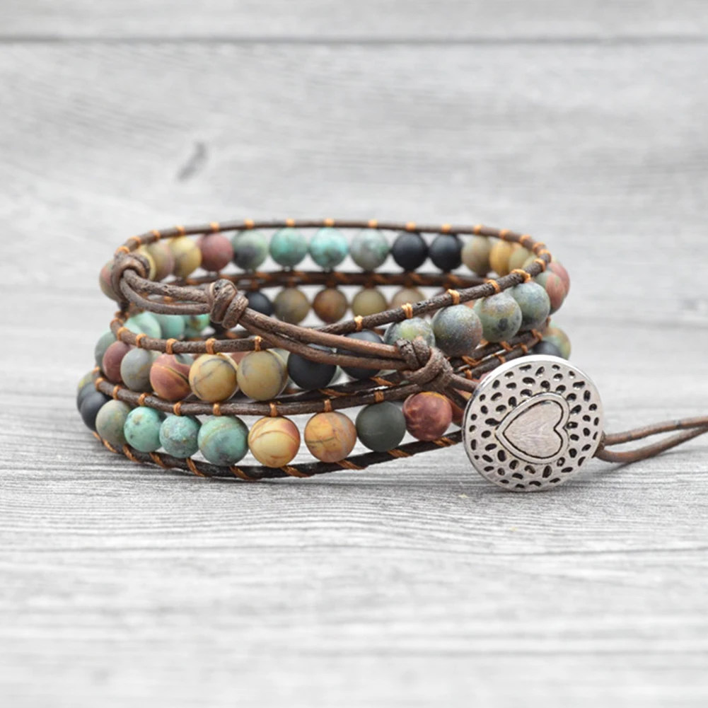 

Bohemia Jewelry 6MM Matte Stone Wrap Leather Bracelets Dropship Vintage 3 Strands Multilayer Woven