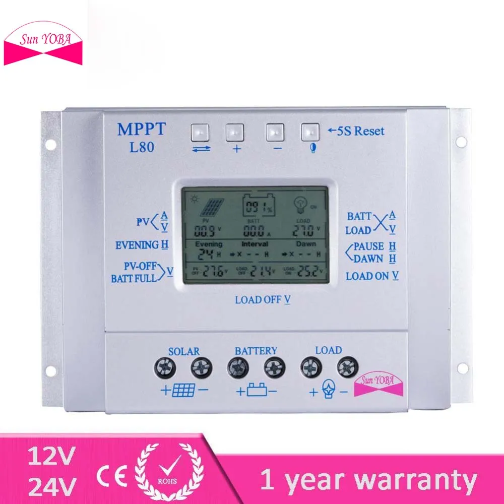 

LCD 80A 12V/24V Solar Controller Regulator Charge Battery Safe Protection with Temp Sensor CE APJ