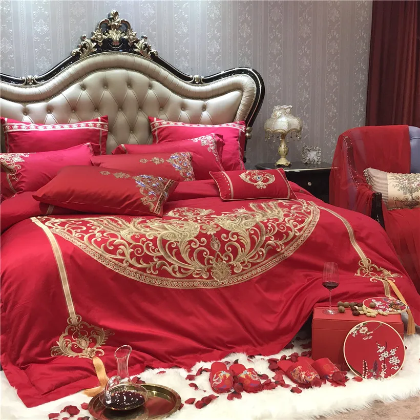 Waliicorners Egyptian Cotton Luxury Embroidery Red Wedding Bedding set Duvet cover Bed Sheets,Silky Ultra soft Queen King size 4/6/9- 8 IMG_8700