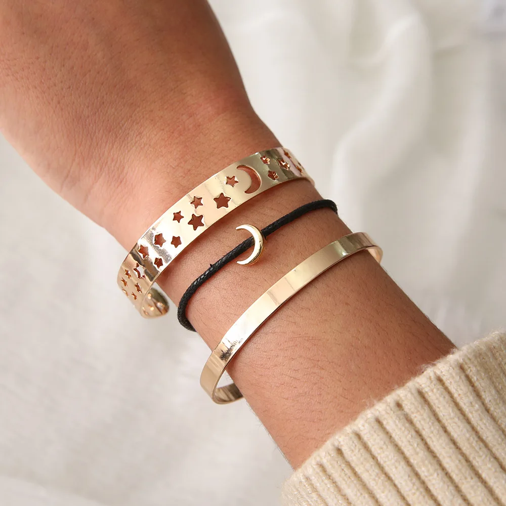 

3 pcs/set Trend Open Bracelets Stars Hollow Moon Bracelet For Women Gold Bracelet Set Female Fashion Apparel Jewelry Gift
