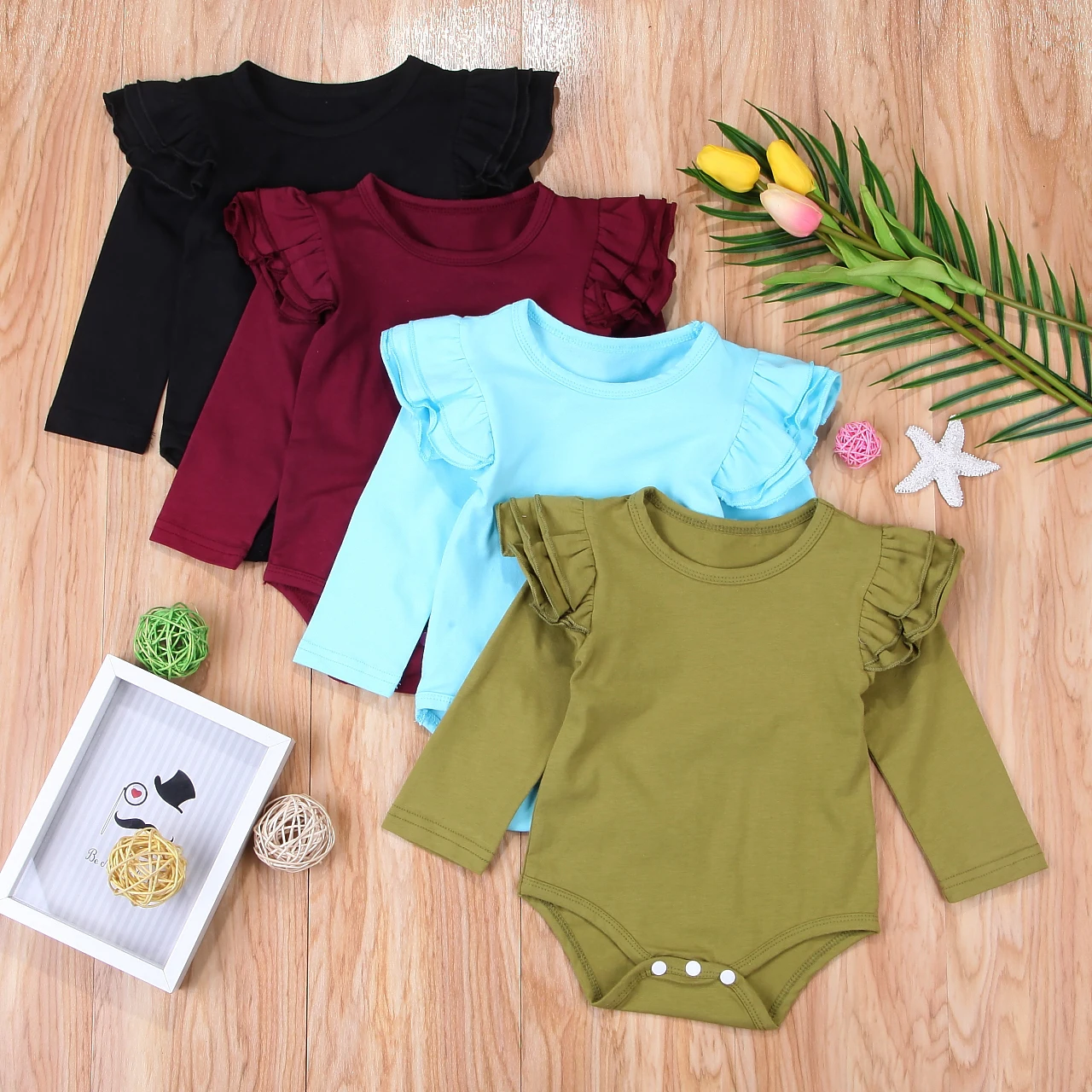 

2018 Newborn Toddler Baby Girls Summer Long Sleeves Bodysuit Long Ruffle Sleeve Outfits Solid Jumpsuit Casual Clothing SS