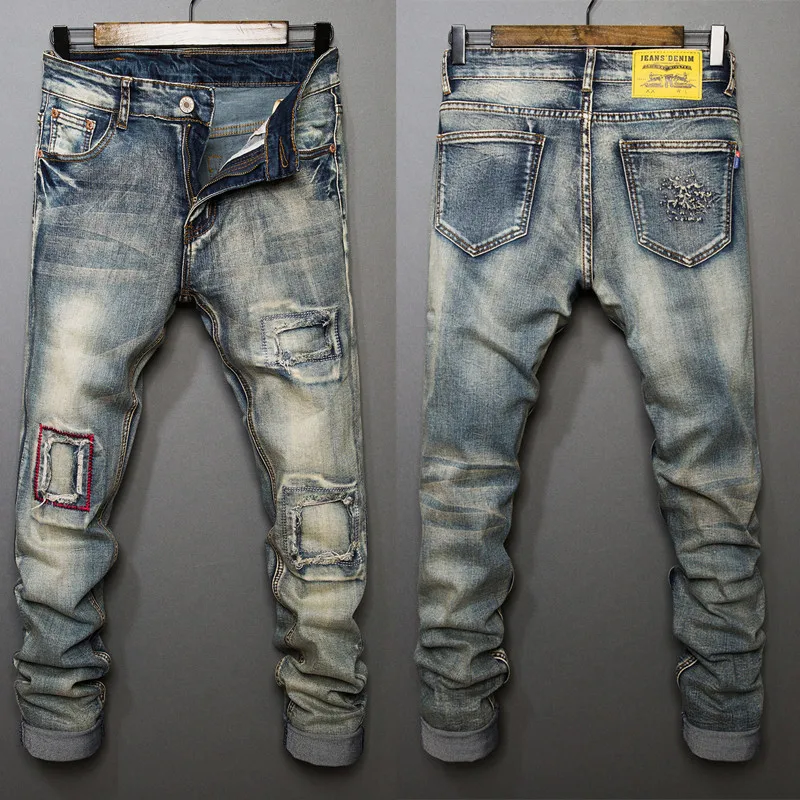2019 Spring Ripped Mens Jeans Blue Gray Distressed Denim Straight Jeans Patchwork Loose Stylish Designer Jeans For Men Mj003