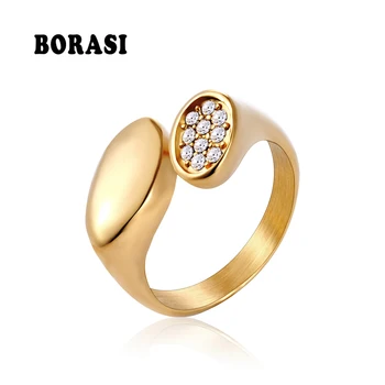 

BORASI Top Quality Rings For Women Crystal Oval Female Jewelry Ring Gold Color Stainless Steel Classic Brand Ring Party Gifts