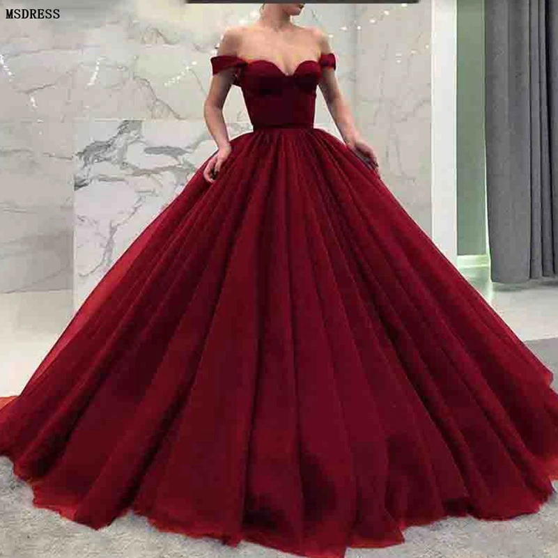 burgundy off the shoulder ball gown