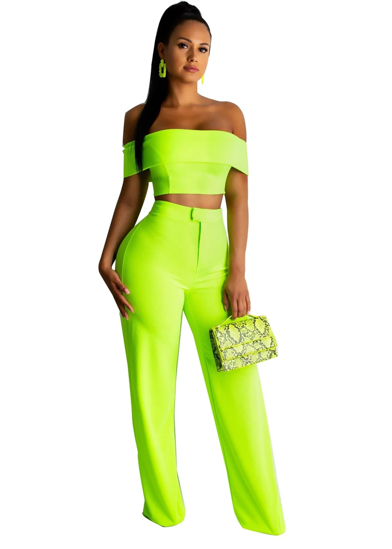 

Adogirl Fluorescent Green Women Two Piece Set Slash Neck Off Shoulder Short Sleeve Crop Top + Wide Leg Pants Club Party Outfits