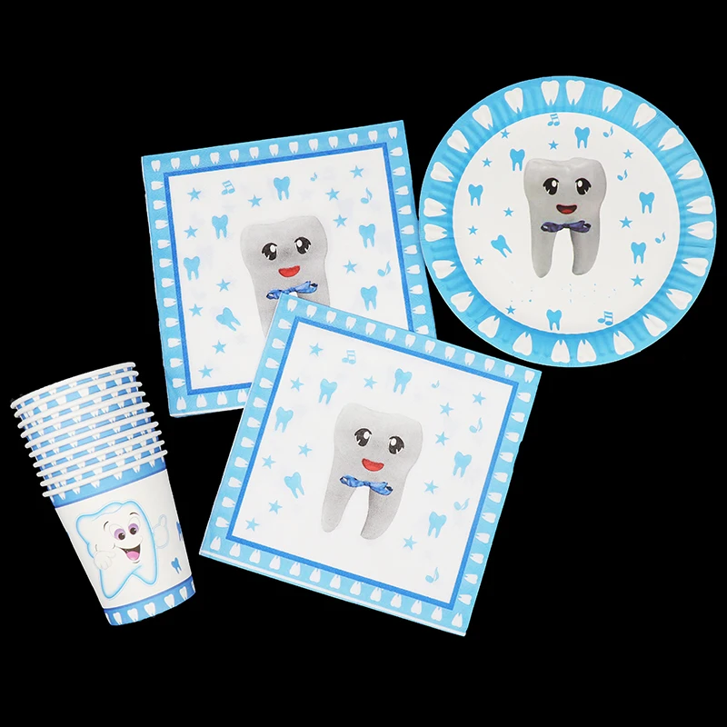 

60pcs/lot Blue Teeth party tableware sets boy's teeth theme disposable plates cups napkins for 20people use