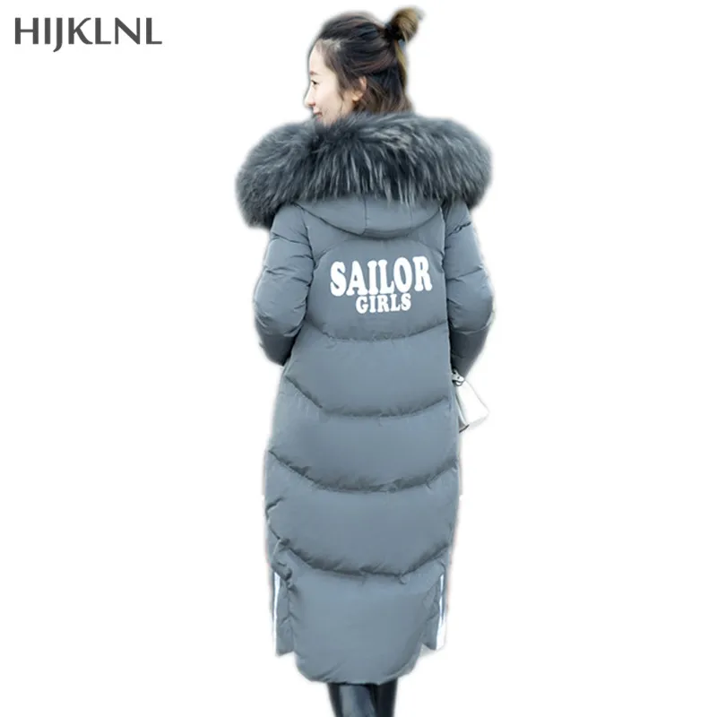 

HIJKLNL Raccoon Fur Collar Hooded Down Jacket 2019 New Winter Women Printed Letters Mid-long Big Pocket Duck Down Coat LH1258
