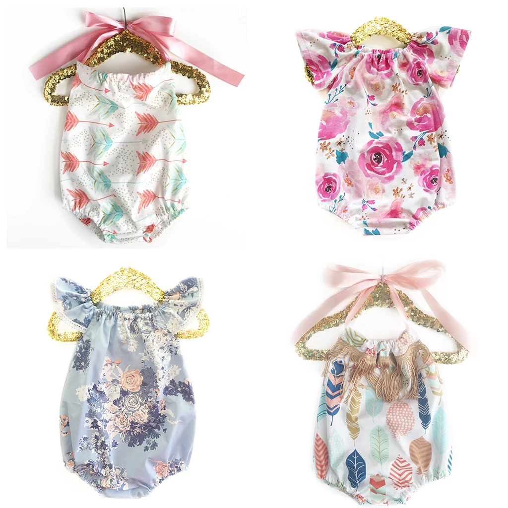 Summer Girls Baby Sling  Naked Back Romper Newborn New Design Cotton Flower print romper Boy Clothing rainbow Triangle Jumpsuits